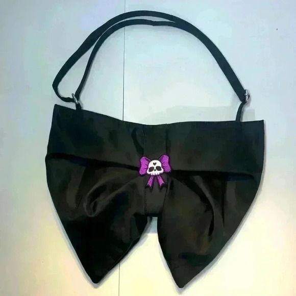 Unbranded Black Satin Bow Adjustable Crossbody Shoulder Bag Purple Skull Patch - Picture 1 of 15